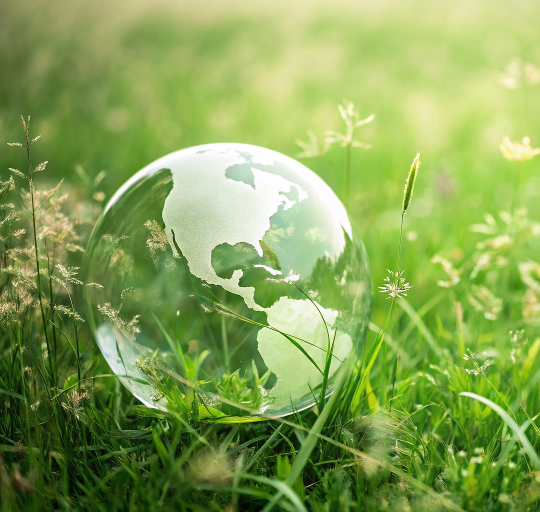 Sustainability 2 a transparent glass globe resting in a field of green wild grass